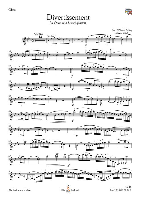 Ferling, Franz Wilhelm - Divertissement für Oboe und Streichquartett