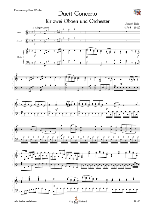 Fiala, Josef - Duett-Concerto für 2 Oboen, Streicher und BC