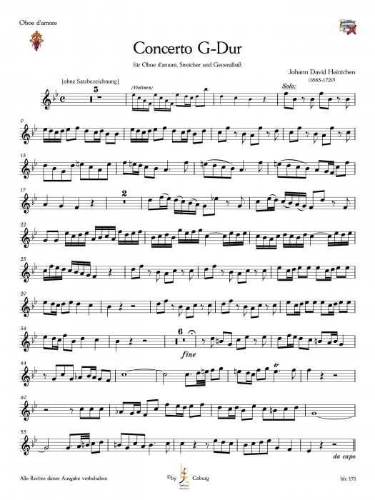 Heinichen, J.D. - Konzert G-Dur für Oboe d' amore Streicher und BC