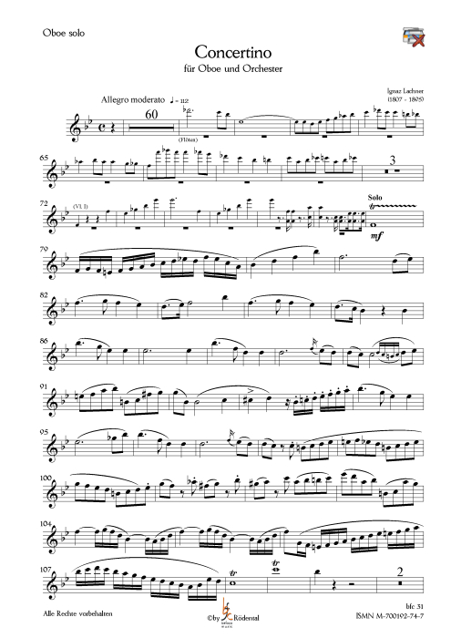 Lachner, Ignaz - Concertino B-Dur für Oboe und Orchester